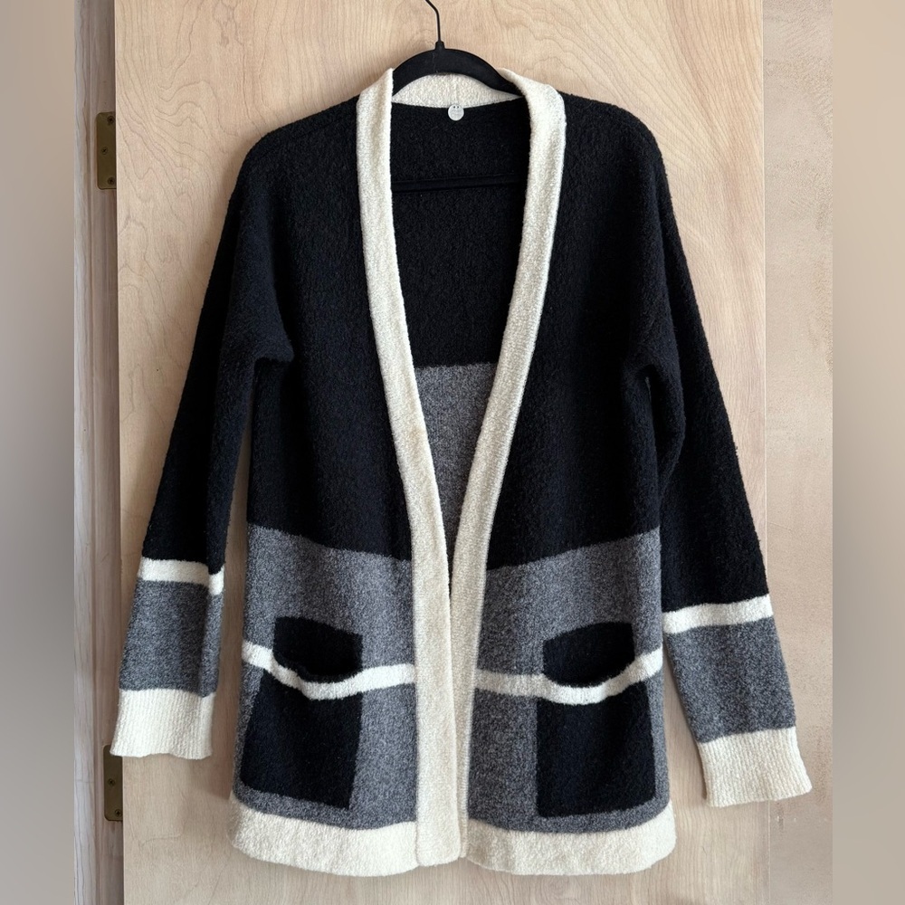 Margaret O’Leary Wool Blend Colorblock Boucle Cardigan Black Gray Cream Sz L